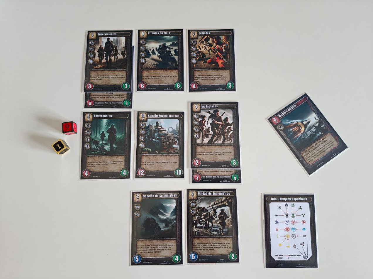 Human faction cards during a match, placed on a white table showing the battlefield levels Human faction cards during a match, placed on a white table showing the battlefield levels