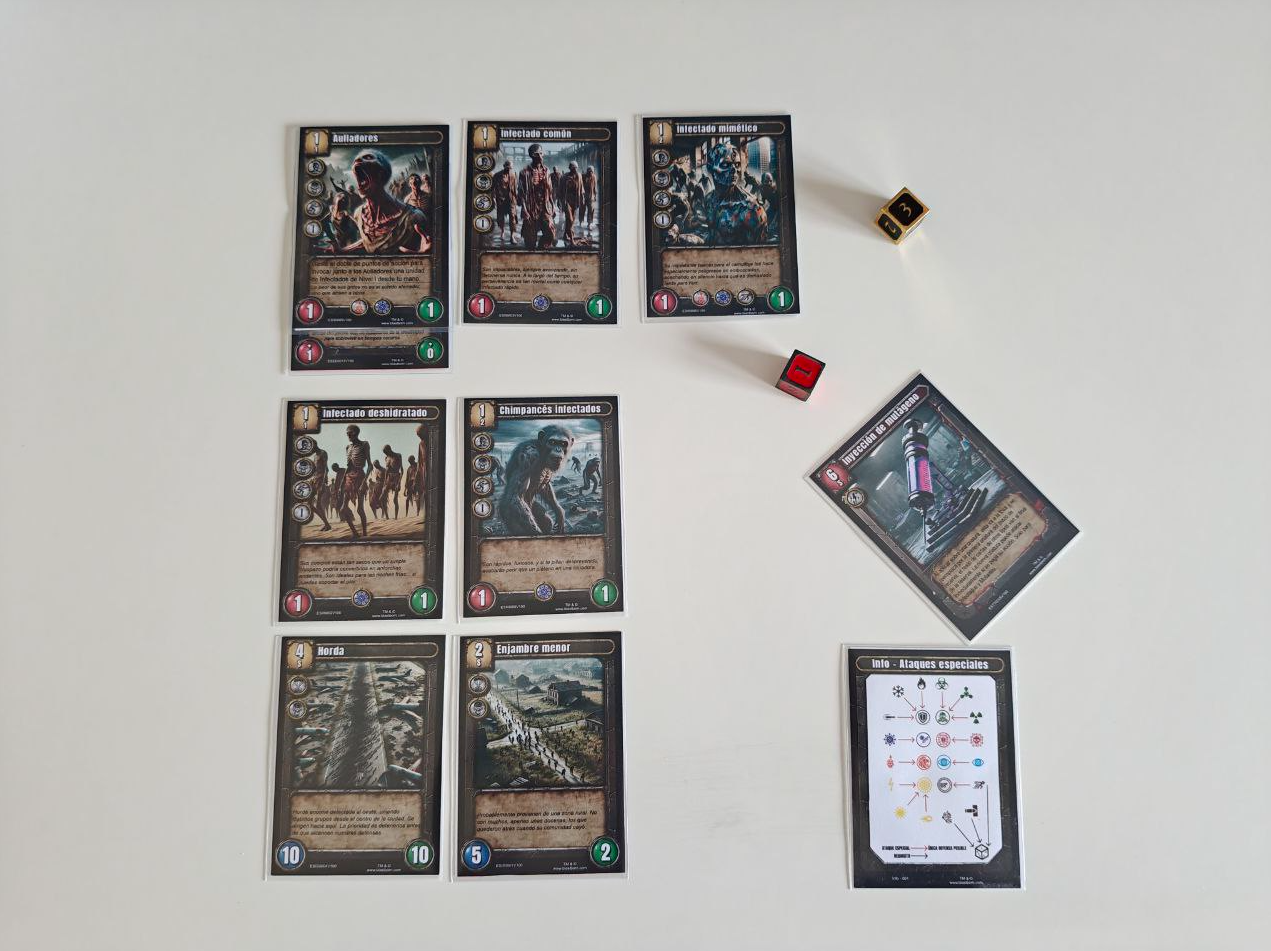 Infected faction cards during a match, placed on a white table showing the battlefield levels Infected faction cards during a match, placed on a white table showing the battlefield levels