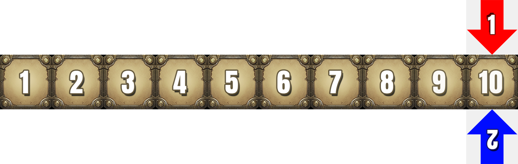 Displaying the initial supply counter: supply boxes numbered from 1 to 10 with two arrows pointing to the two players and the supplies they will receive. In this case, both players will receive 10 supplies as their respective arrows are on the number 10 of the counter. Displaying the initial supply counter.