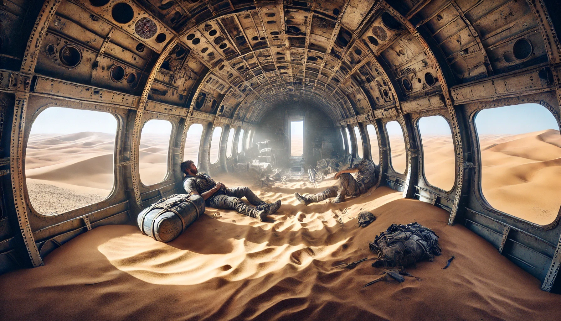 Human survivors taking refuge in the fuselage of a plane. Two survivors rest in the shade inside the rusty fuselage of a crashed plane, their only shelter in the vast desert.