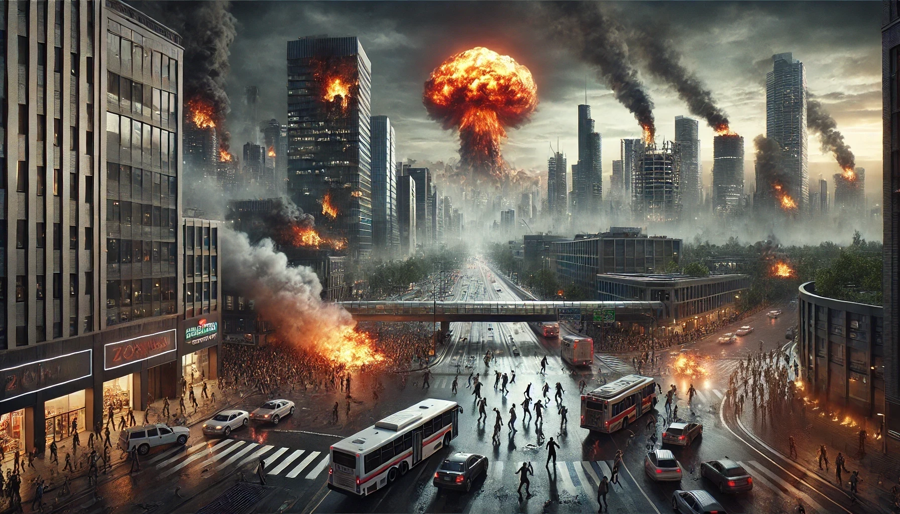 Infested city and nuclear explosion. The zombie-infested city is absolute chaos, with survivors desperately fleeing among abandoned vehicles and burning buildings. In the background, a nuclear explosion rises as a last attempt to stop the plague.