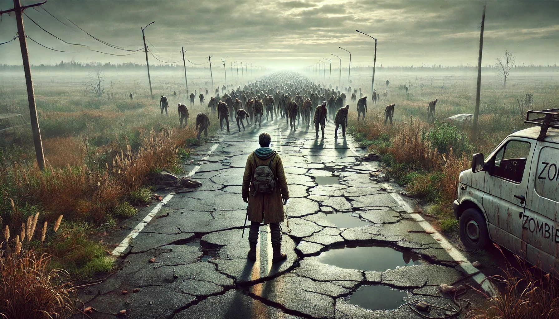 Horde of infected on the road. On a deserted rural road surrounded by overgrown grass, a lone man watches the slow approach of a horde of infected. Beside him, an abandoned van with the word 'zombie' written multiple times warns of the danger ahead.