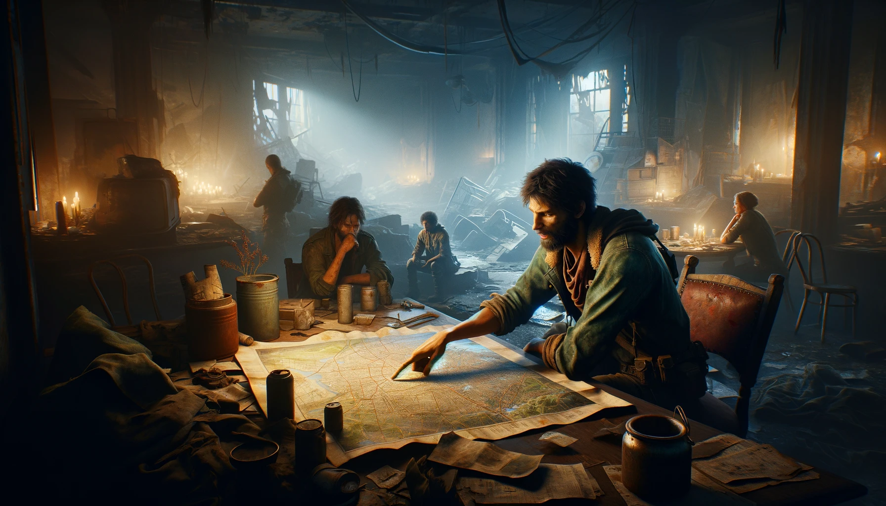 Planning the next move A group of survivors spends the night in an abandoned building, illuminated by candles and improvised lamps. In the foreground, one of them studies a city map, pointing to the next destination, while another listens attentively at the same table, planning their next moves.