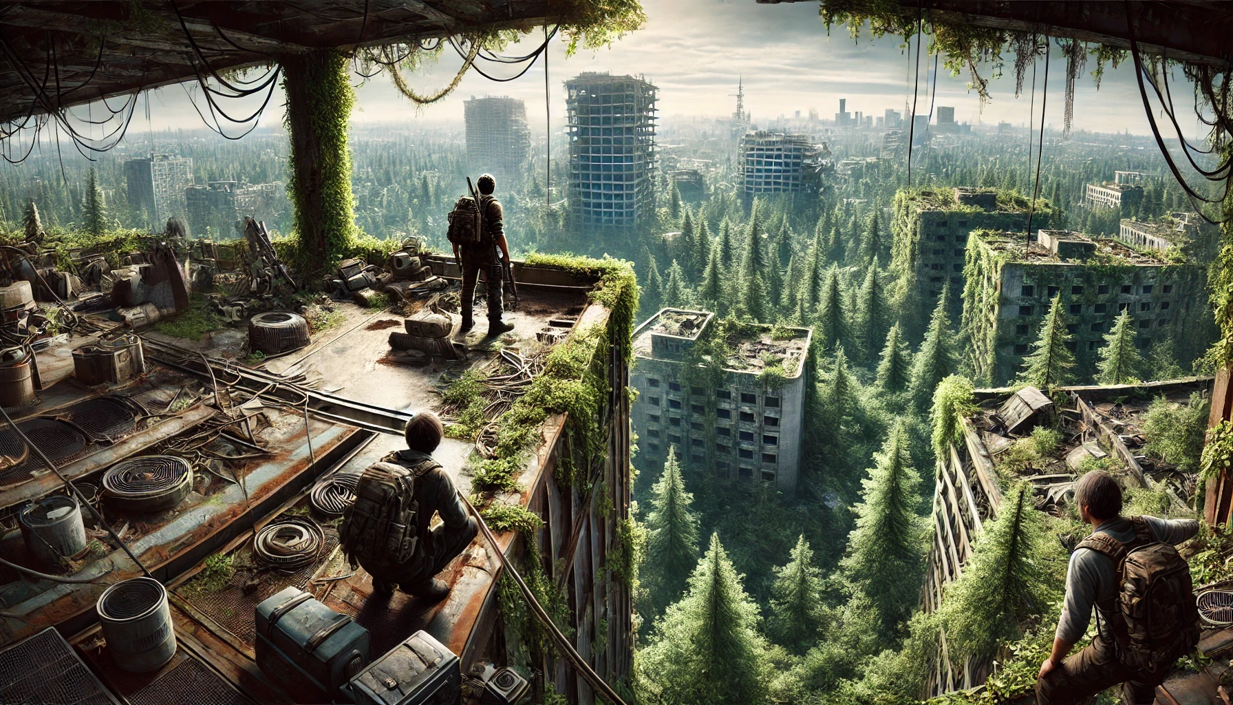 Nature reclaims the abandoned city. A group of three survivors climbs to the top of an abandoned building, overlooking a deserted city now overtaken by nature, with trees and vegetation covering the once-bustling streets.