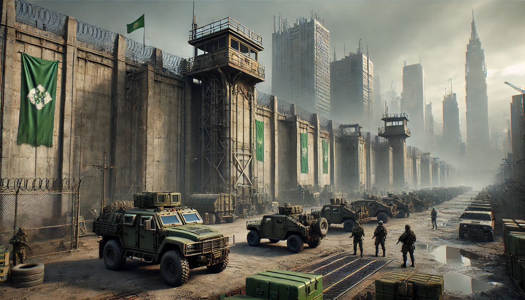 Humanity's impenetrable defences. A fortified wall protects one of the last survivor cities, with defensive towers and green banners displaying the city's white emblem. At the base of the wall, light armoured vehicles and armed soldiers stand guard, turning the site into a bastion of human resistance.