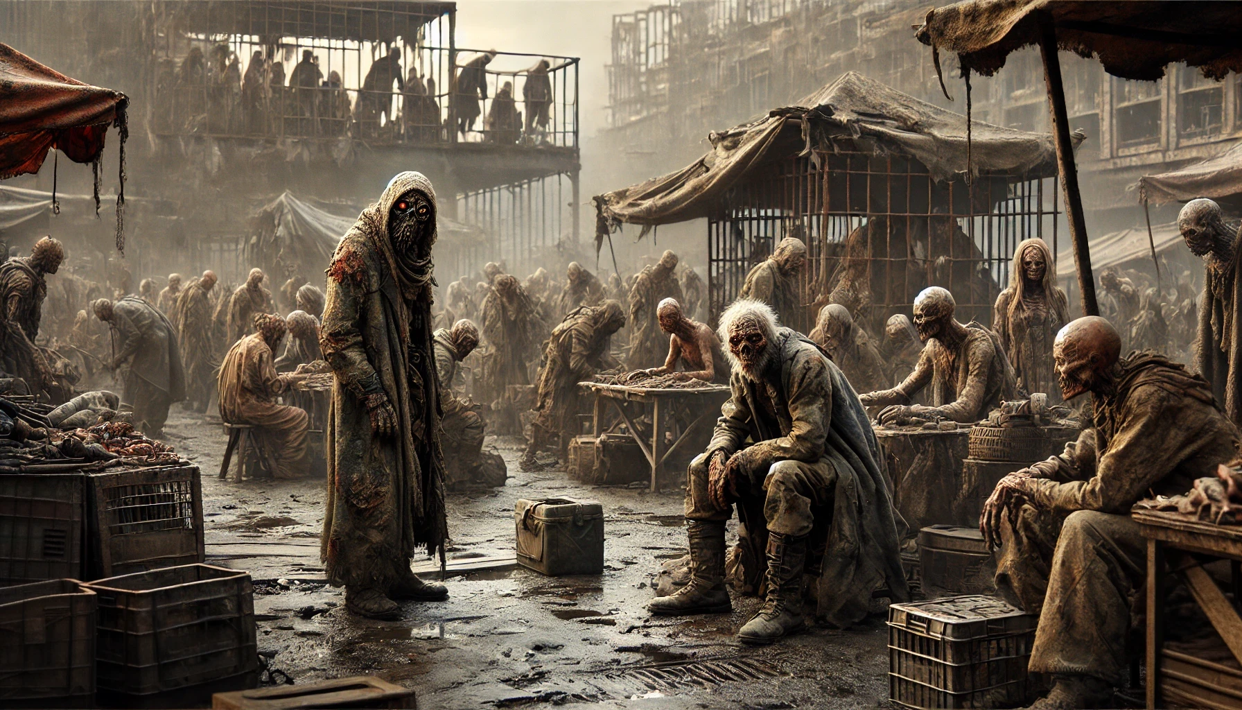 Humans in cages under mutant rule In a dark slave market within a mutant city, mutants trade captured humans destined to become slaves, livestock, or ritual sacrifices. The humans, dressed in rags and bearing fearful expressions, are confined in cages, many of them malnourished and exhausted.