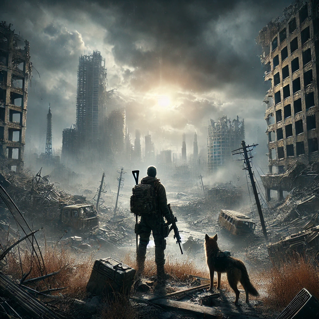 Un nuevo mundo lleno de oportunidades y peligros Un superviviente, acompañado de su fiel perro, contempla en silencio las ruinas de lo que alguna vez fue una ciudad vibrante, ahora reducida a escombros por el apocalipsis. El cielo, cubierto por densas nubes oscuras, comienza a abrirse lentamente, dejando que los primeros rayos del sol se filtren entre la desolación.